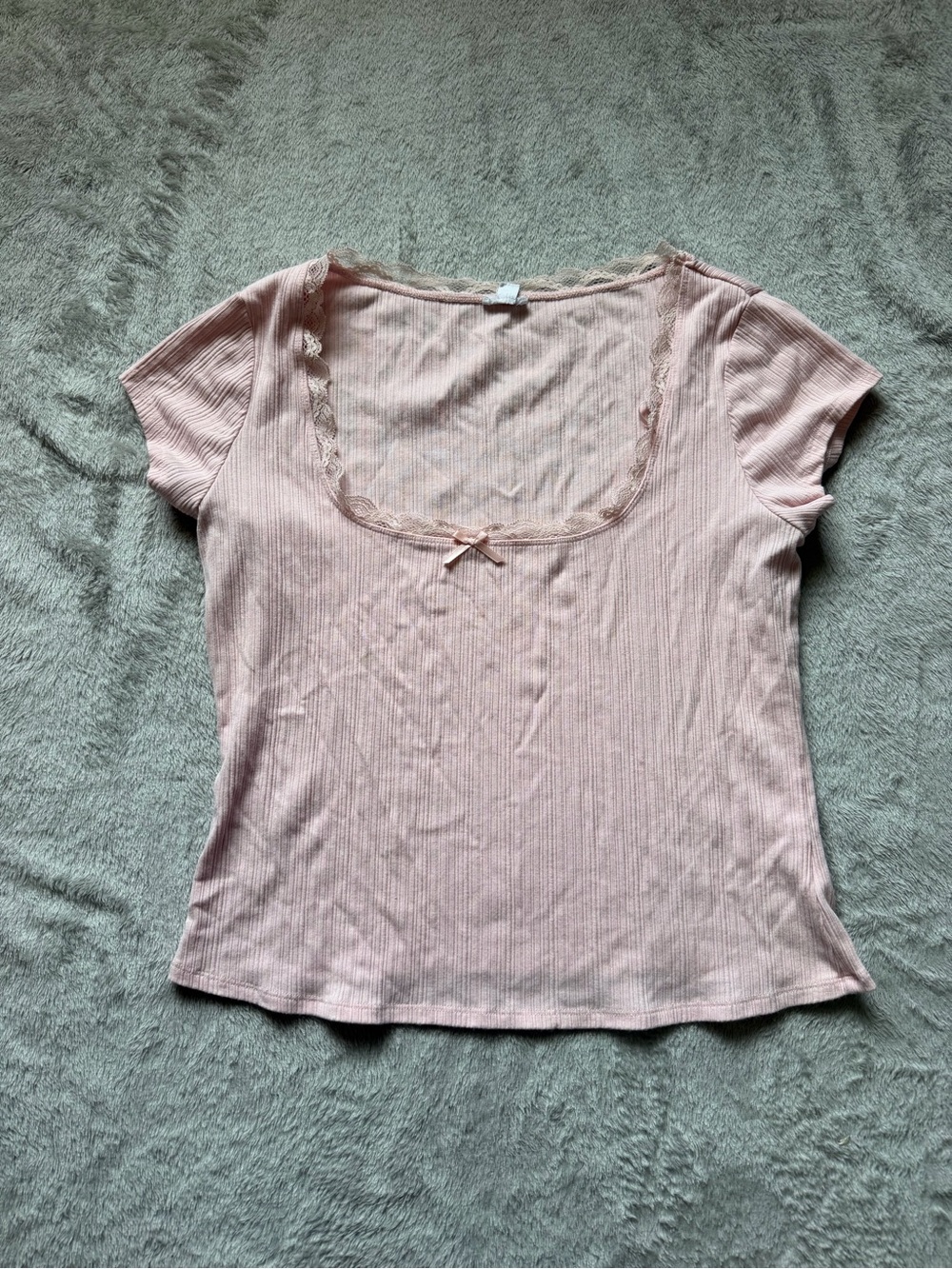 Garage Blush Pink Ribbed Scoop Neck Short Sleeve Top with Lace Trim